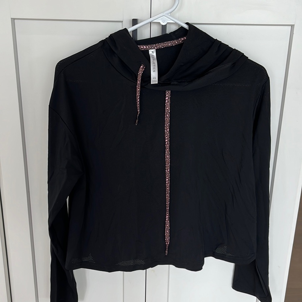 Fabletics lightweight black hoodie with leopard print strings size XS